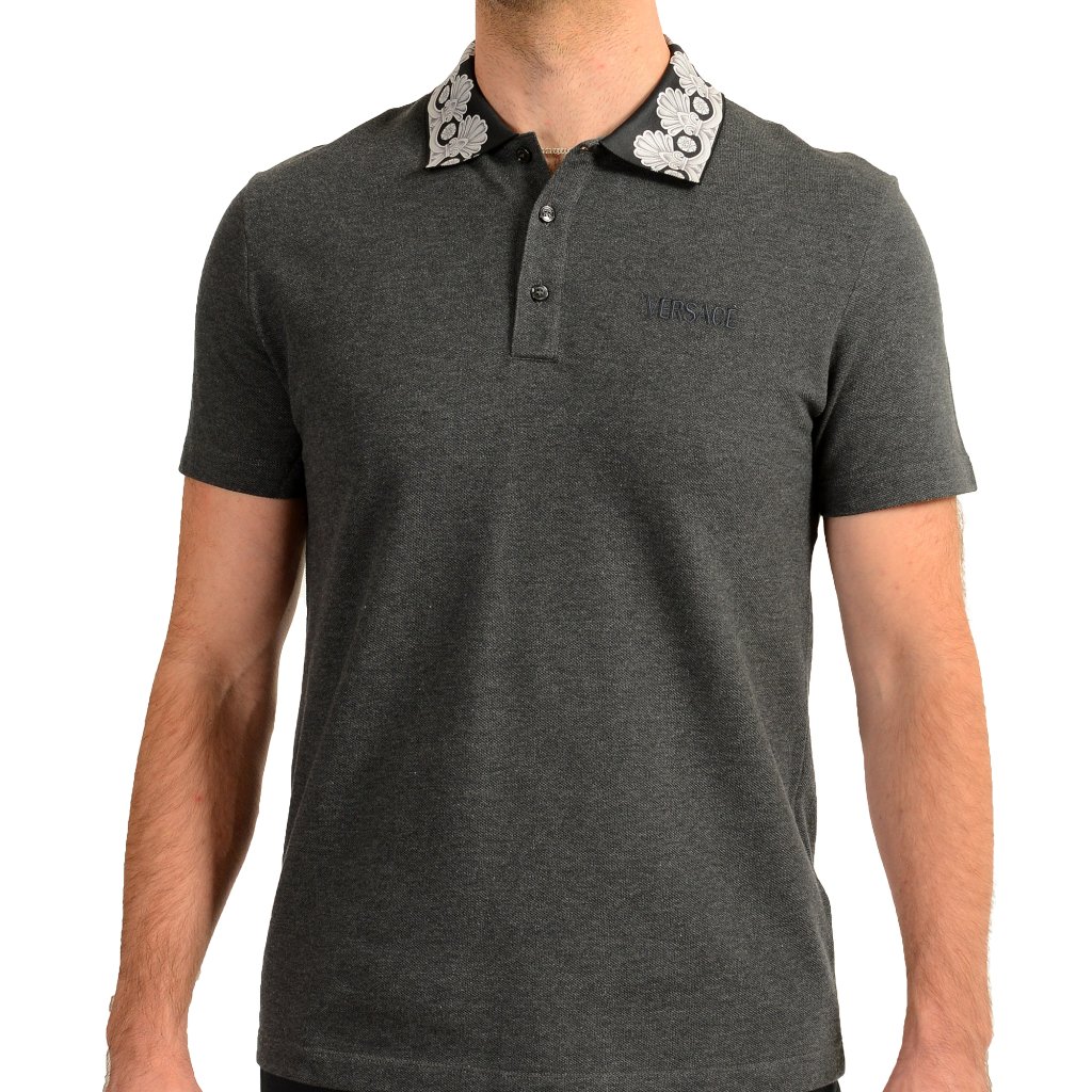 Versace Men's Gray Heritage Print Polo Piquet Shirt Us Xl It 54